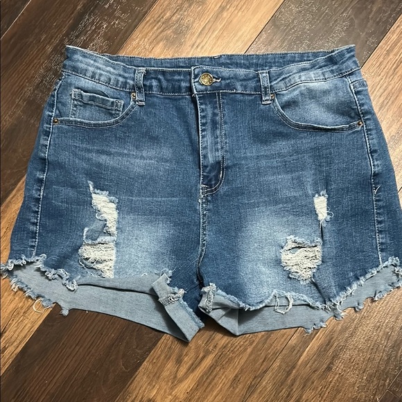 Blue Distressed Jean Shorts with Rolled Hems - Picture 1 of 3